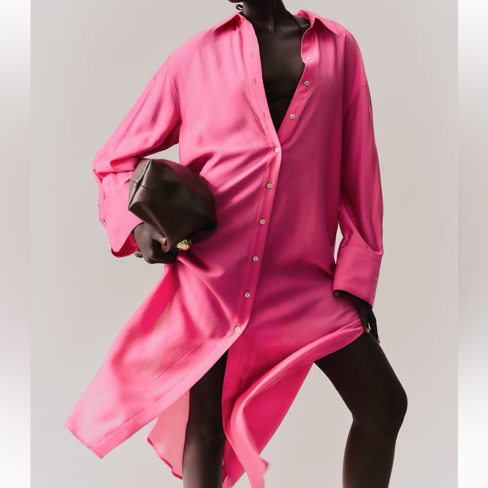 Women’s Oversized Button-Down Dress Shirt in Hot Pink